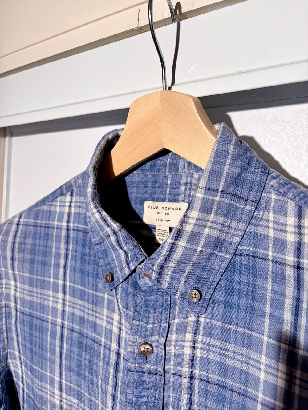Club Monaco Linen Blue Plaid Button-Down Shirt